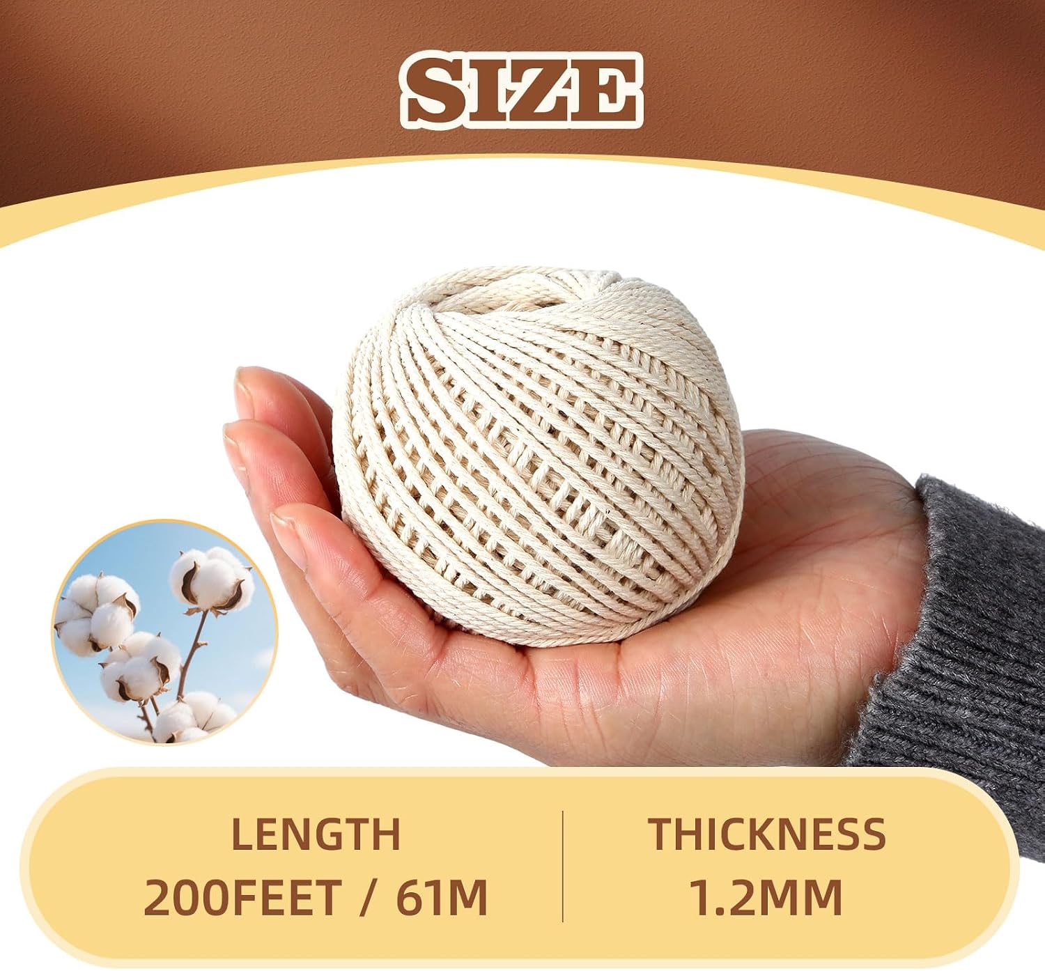 Natural White Cotton Twine String - 1.2mm x 200 Ft for Cooking, Baking & Butchering | Butchers Twine