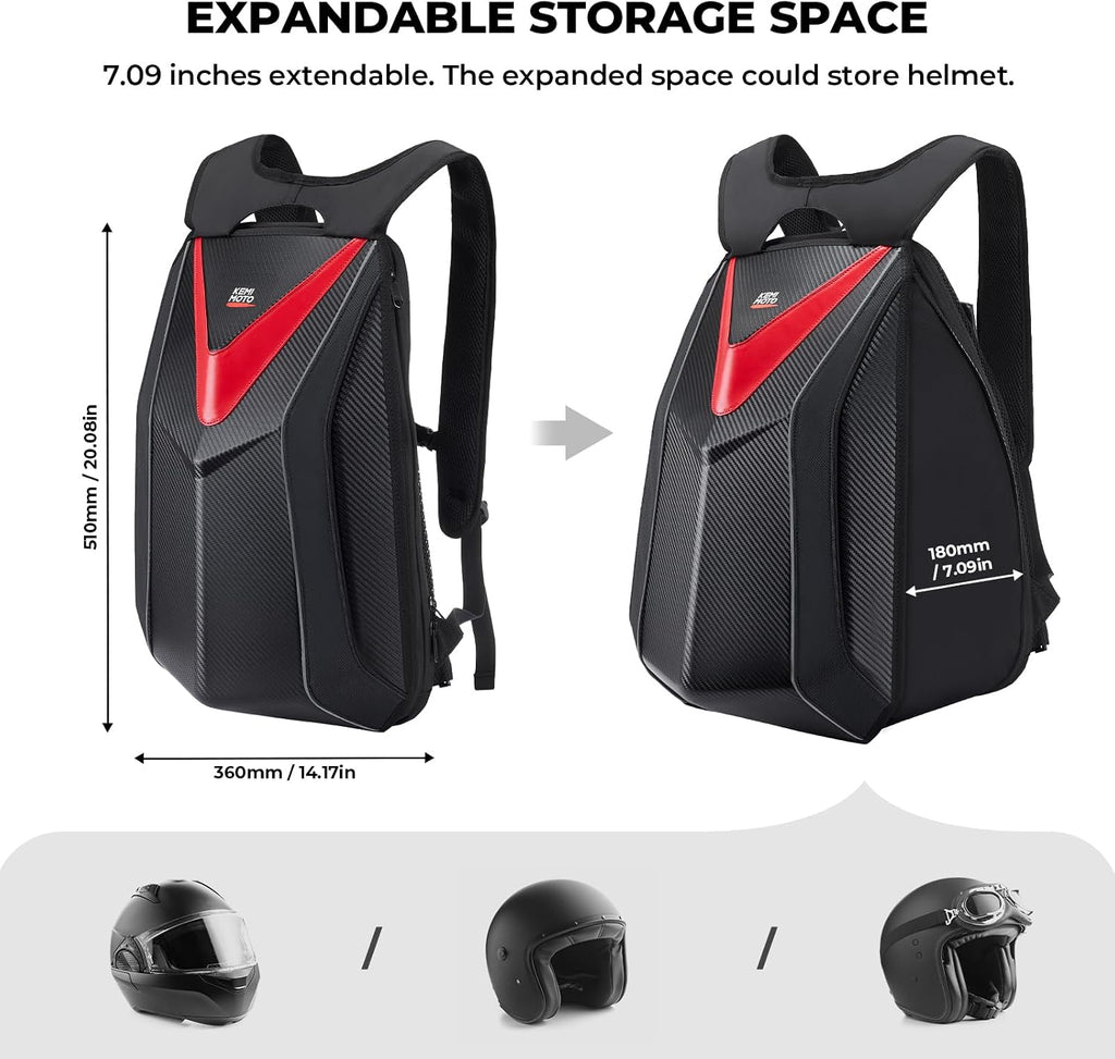 KEMIMOTO Motorcycle Backpack, Hardshell Helmet Backpack 22L Carbon Fiber Reflective Riding Bag, Waterproof Lightweight with Laptop Compartment for Men Riding Commuting Travel Riding Work