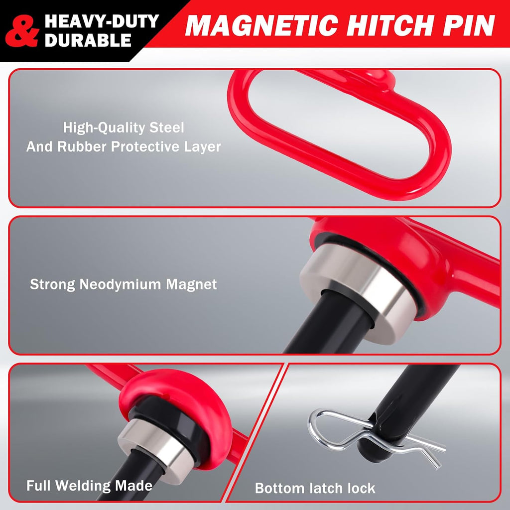 Magnetic Hitch Pin, Heavy Duty Ultra Strong Neodymium Magnet Lawn Mower Trailer Gate Pins Accessories 1/2 Inch for Mowers, Lawn Tractors, Towing - Simple One Handed Hook On & Off(Red)