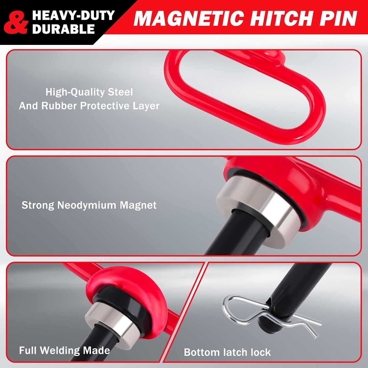 Magnetic Hitch Pin, Heavy Duty Ultra Strong Neodymium Magnet Lawn Mower Trailer Gate Pins Accessories 1/2 Inch for Mowers, Lawn Tractors, Towing - Simple One Handed Hook On & Off(Red)