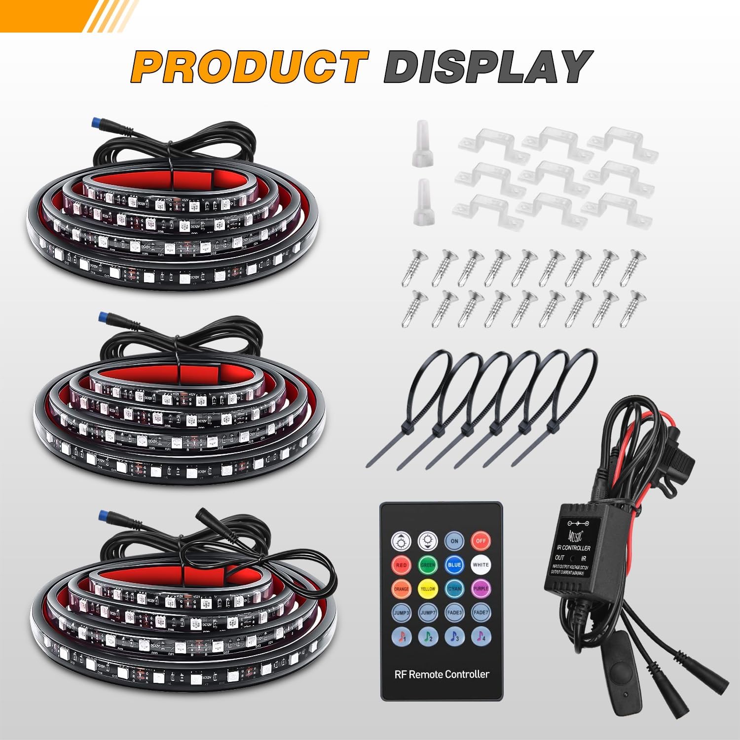 GOOACC RGB Truck Bed Light Strip 3PCS 60" 270 LEDs Neon Accent Lighting with RF Remote On/Off Switch Splitter Extension Cable for 12-Volt Car Cargo Pickup SUV RV Boat