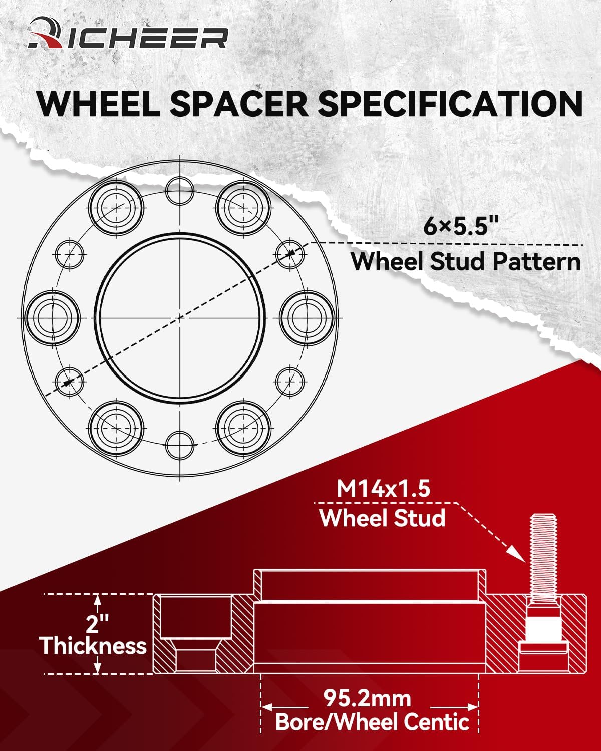 Richeer 2 inch 6x5.5 Hub Centric Wheel Spacers for 2024+ Tacoma Tundra Sequoia GX J250 LX600, 4PCS Forged 6x139.7mm Wheel Spacers with 14x1.5 Studs & 95.2mm Center Bore