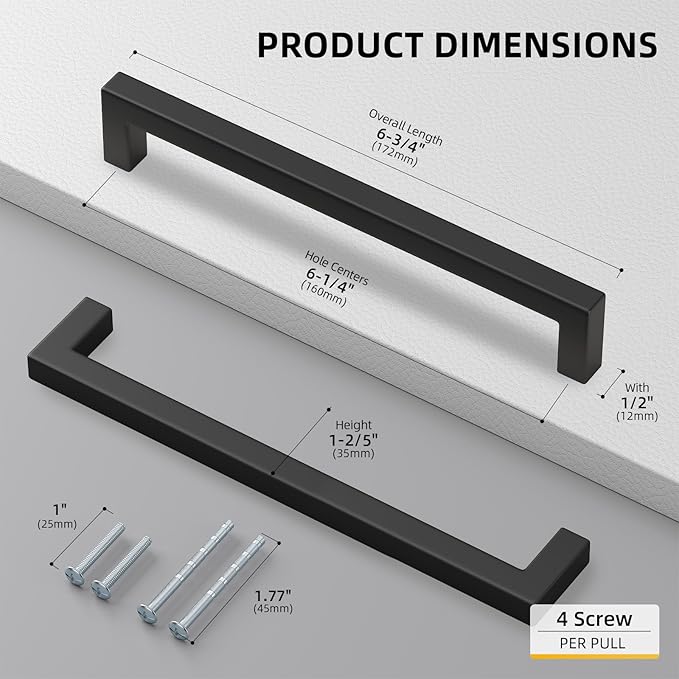 goldenwarm 50 Pack 6-1/4INCH Black Square Bar Cabinet Pull Drawer Handle - Image 2