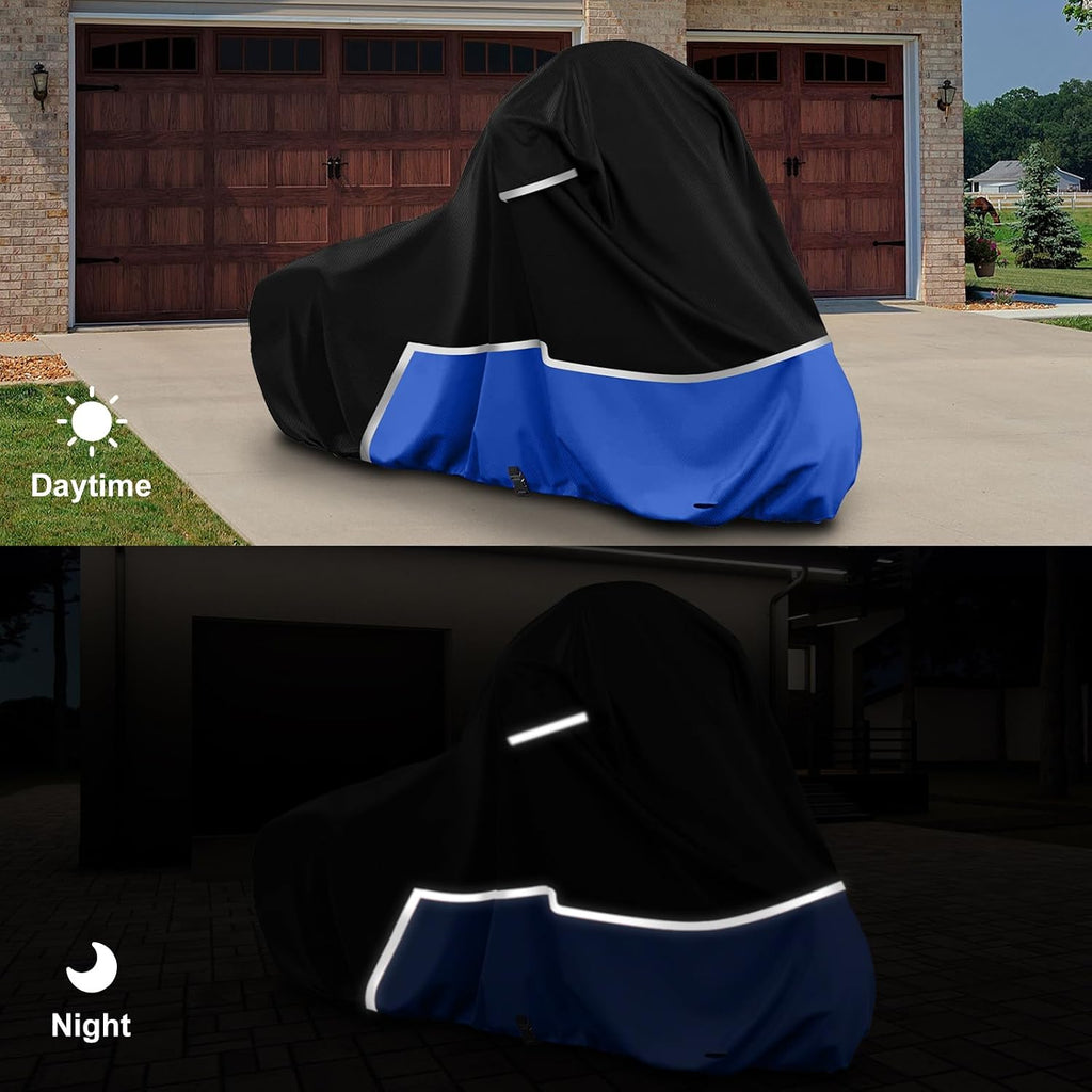 Waterproof Motorcycle Cover Compatible with Harley Davidson Electra Glide/Road King/Street Glide/CVO Road Touring Without Trunk Models, 420D Oxford Cloth Cover for Snow Rain Dust Protection