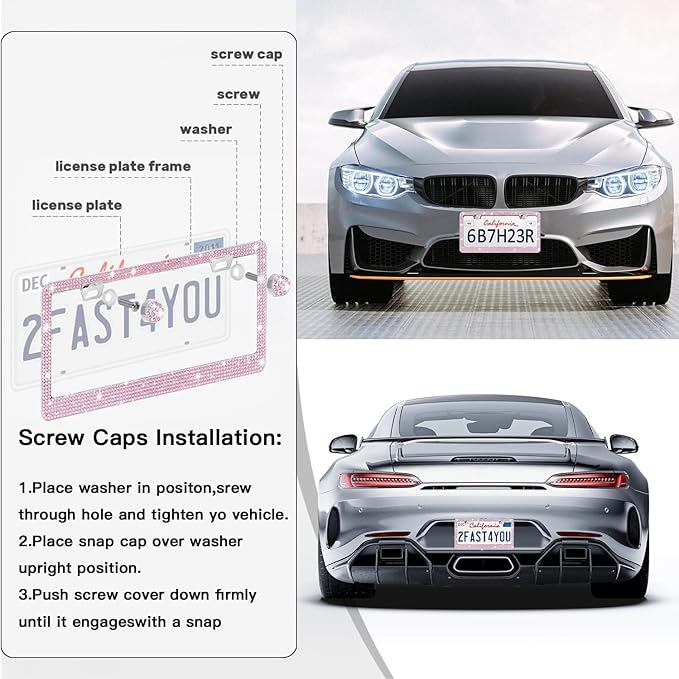 2 Pack License Plate Frames for Women, Sparkly Rhinestone Diamond Car - Image 2