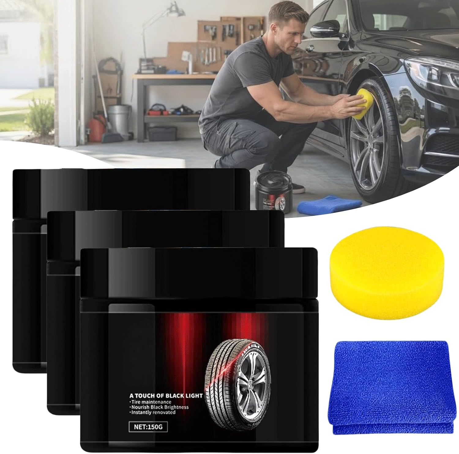 Instant Tire Shine and Protector Wax Kit, 3-in-1 Tire Renovator and Brightener, Deep Black Gloss Finish with UV Protection, Long-Lasting Tire Dressing for Cars, Trucks, Motorcycles (3pcs)