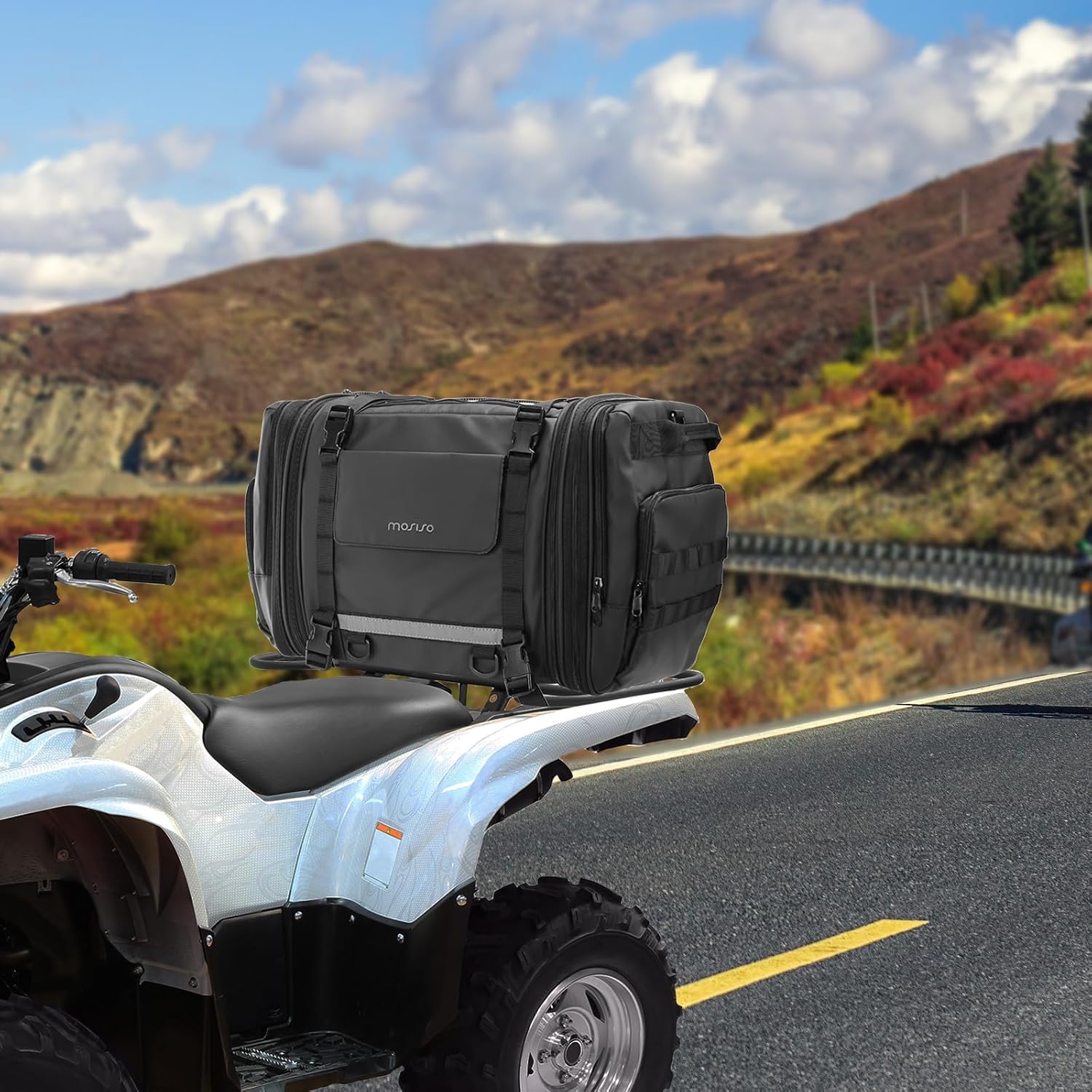 MOSISO Motorcycle Tail Bag with Expandable Capacity 32L-48L, Motorcycle Rear Seat Trunk Gear Bag with Rain Cover&Shoulder Strap, Motorbike Storage Duffle Carry Travel Luggag, Black