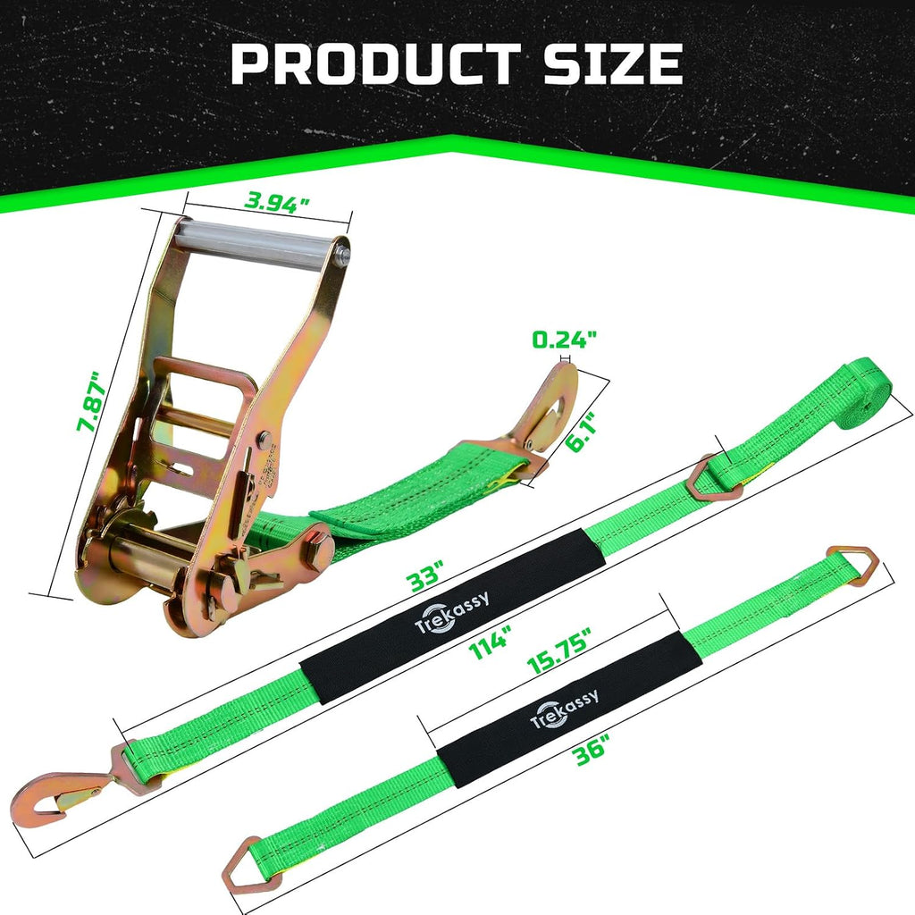 Trekassy Car Tie Down Straps for Trailers Heavy Duty, 2" x 114" Adjustable Ratchet Straps with Snap Hooks, 10,000 lbs Break Strength, (4) 36" Axle Straps, Use for Car, Truck, UTV Transport