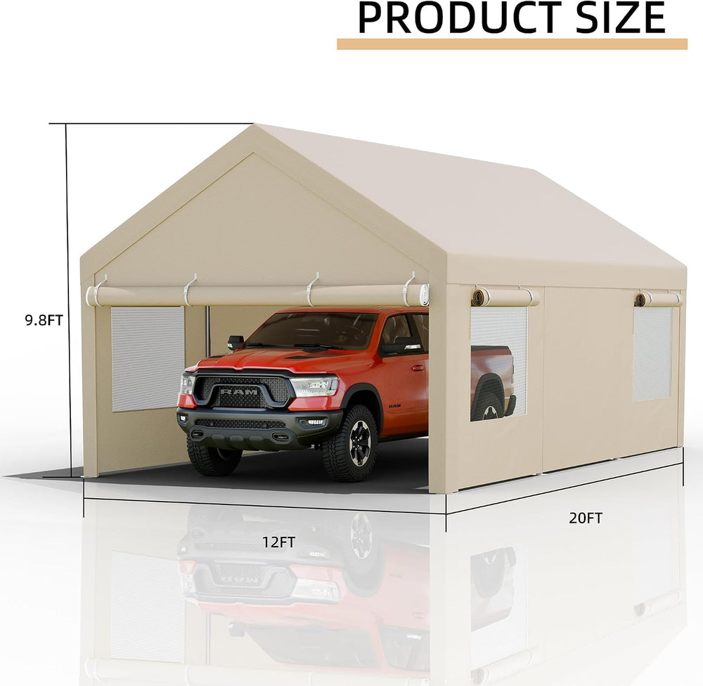 JY QAQA 12x20 FT Heavy Duty Carport, Khaki