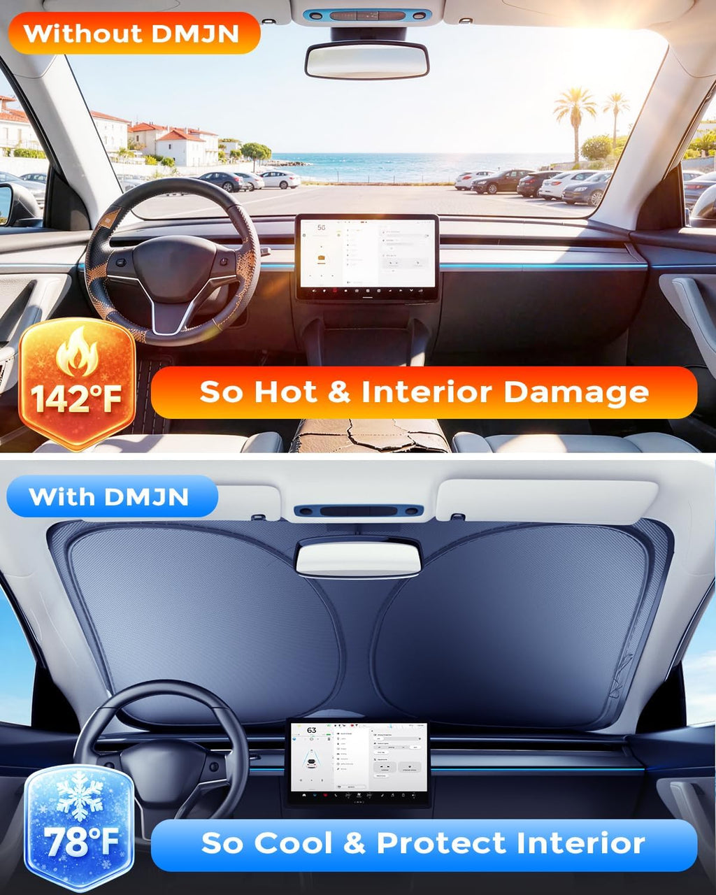 DMJN Front Windshield Sun Shade for Honda Civic (2022-2026), [Nano Ice-Crystal Coatings] UPF50+ Heat & UV Block, Protect Car Interior & Keep Cool, Flodable Steel-Ring Car Cover for Summer