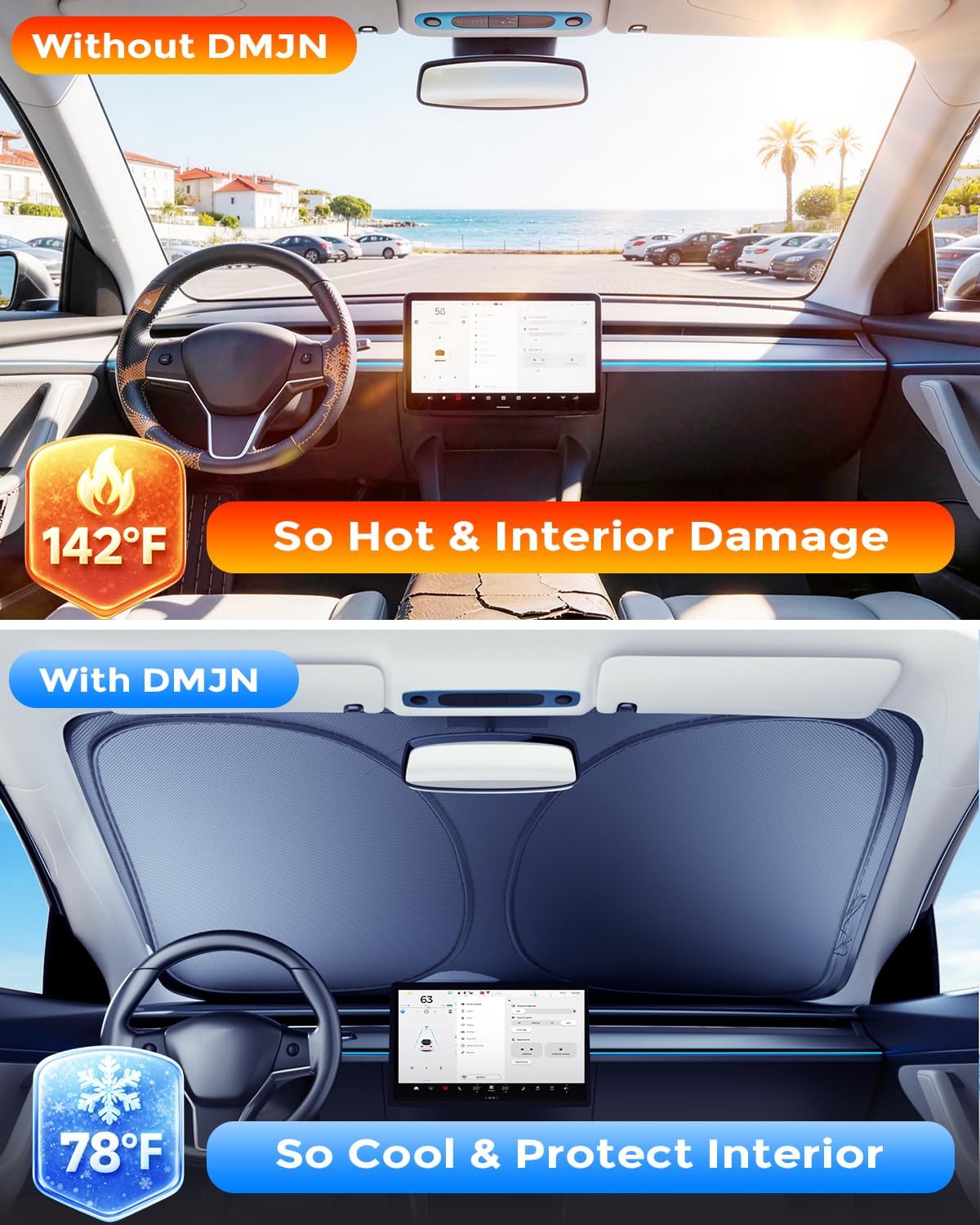 DMJN Front Windshield Sun Shade for Honda Civic (2022-2026), [Nano Ice-Crystal Coatings] UPF50+ Heat & UV Block, Protect Car Interior & Keep Cool, Flodable Steel-Ring Car Cover for Summer