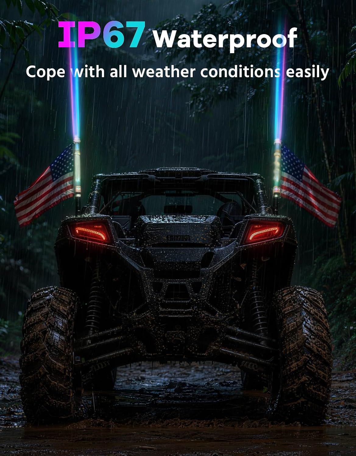 2-in-1 2FT Fat Whip Lights, Whipless LED Whip Lights with Rocker Switch, Remote & APP Control, 360° Spiral Multi-Color Lights, Compatible with Polaris, Can-Am, CFMOTO, ATVs (2 Pack)