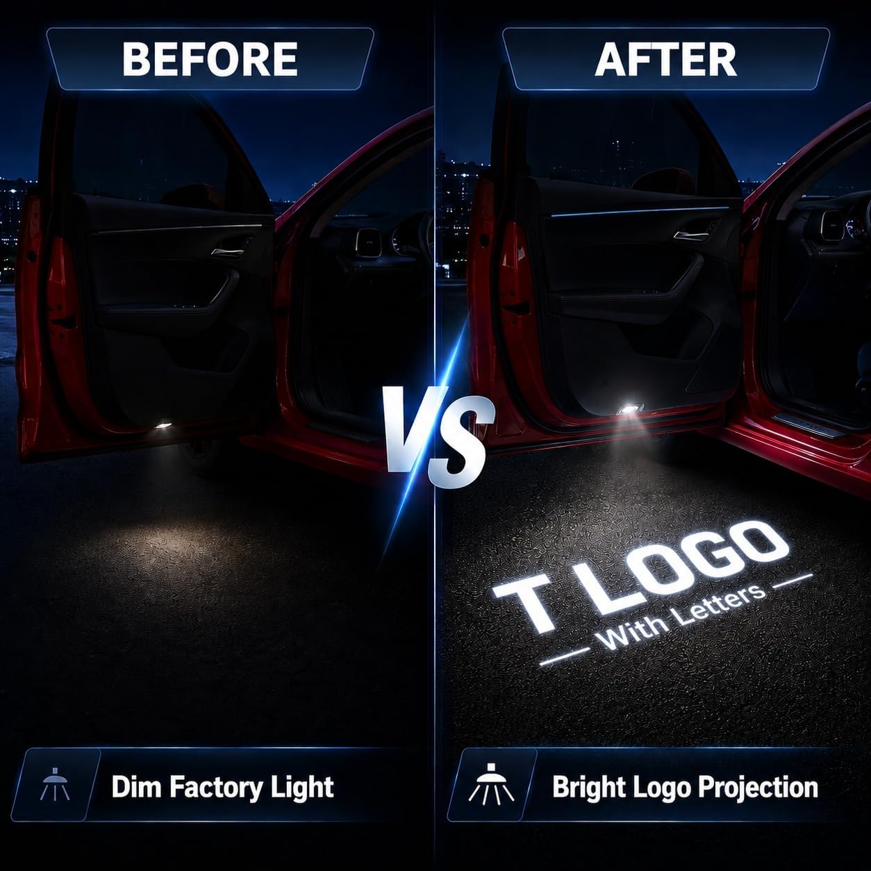 LED Door Projector Puddle Lights Compatible with Tesla Model 3 2017-2025 and Model Y 2020-2026, Glass Lens Logo Welcome Lights, Plug and Play Door Courtesy Light Replacement, 2 Pack