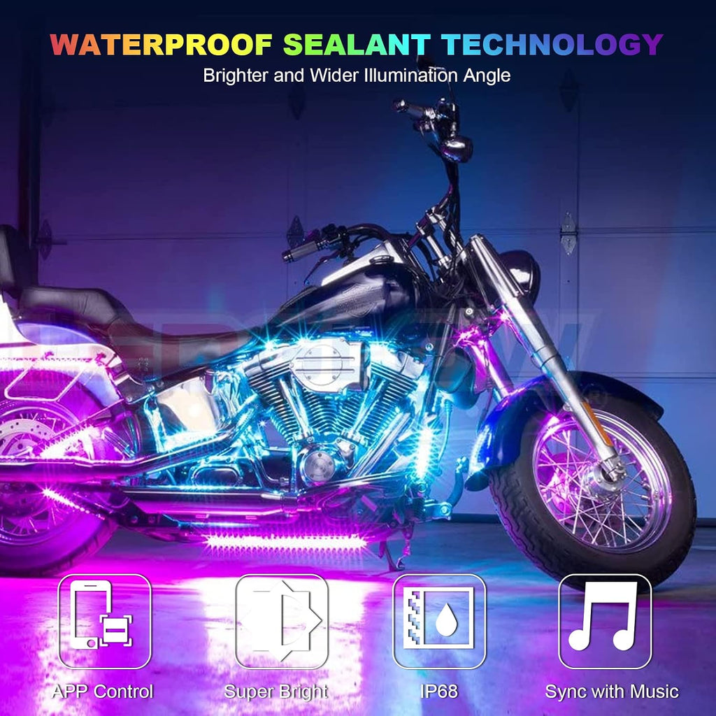 16 Pcs RGB Chasing Motorcycle LED Lights Kit for Harley Davidson Kawasaki Suzuki, Waterproof Magic Multicolor Motorcycle Underglow Kit Strip Lights with APP Control Music Sync Brake Turn Signal