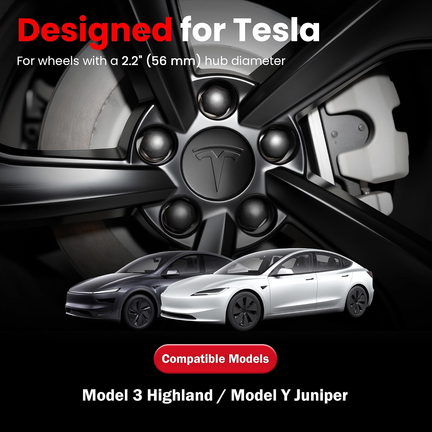 4 Pack Car Wheel Center Hub Cap Kit with 22 Lug Nut Covers, 2.2 in (56mm) Wheel Rim Covers Center Hubcaps with Emblem for Model 3 / Y, Matt Black Gray & Silver Exterior Decoration for Tesla