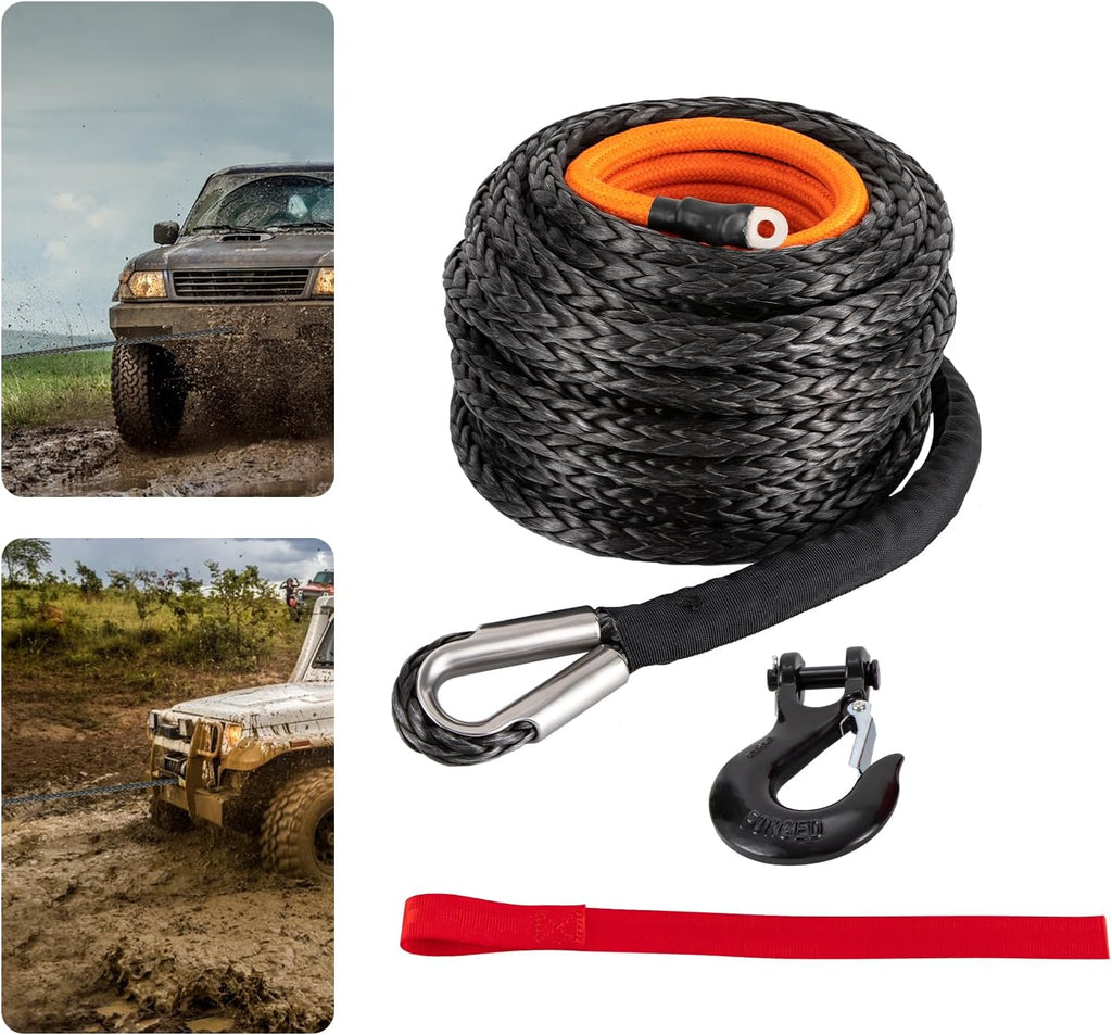 9/16" x76' Synthetic Winch Rope with Hook, Winch Cable with Protective Sleeve, Car Tow Recovery Cable for 4WD Off-Road Vehicle Truck ATV UTV SUV 35,000 LBS Breaking Strength (Orange)