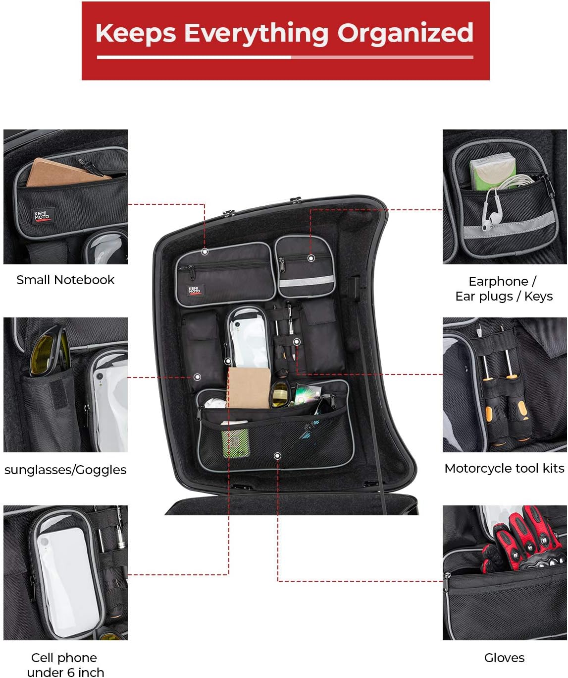 KEMIMOTO for Tour Pack Lid Organizer with Shell Motorcycle Storage Bag Chopped Tour Pack Liner Compatible with Touring Road King Electra Street Road Tri Glide Limited 2014-2025