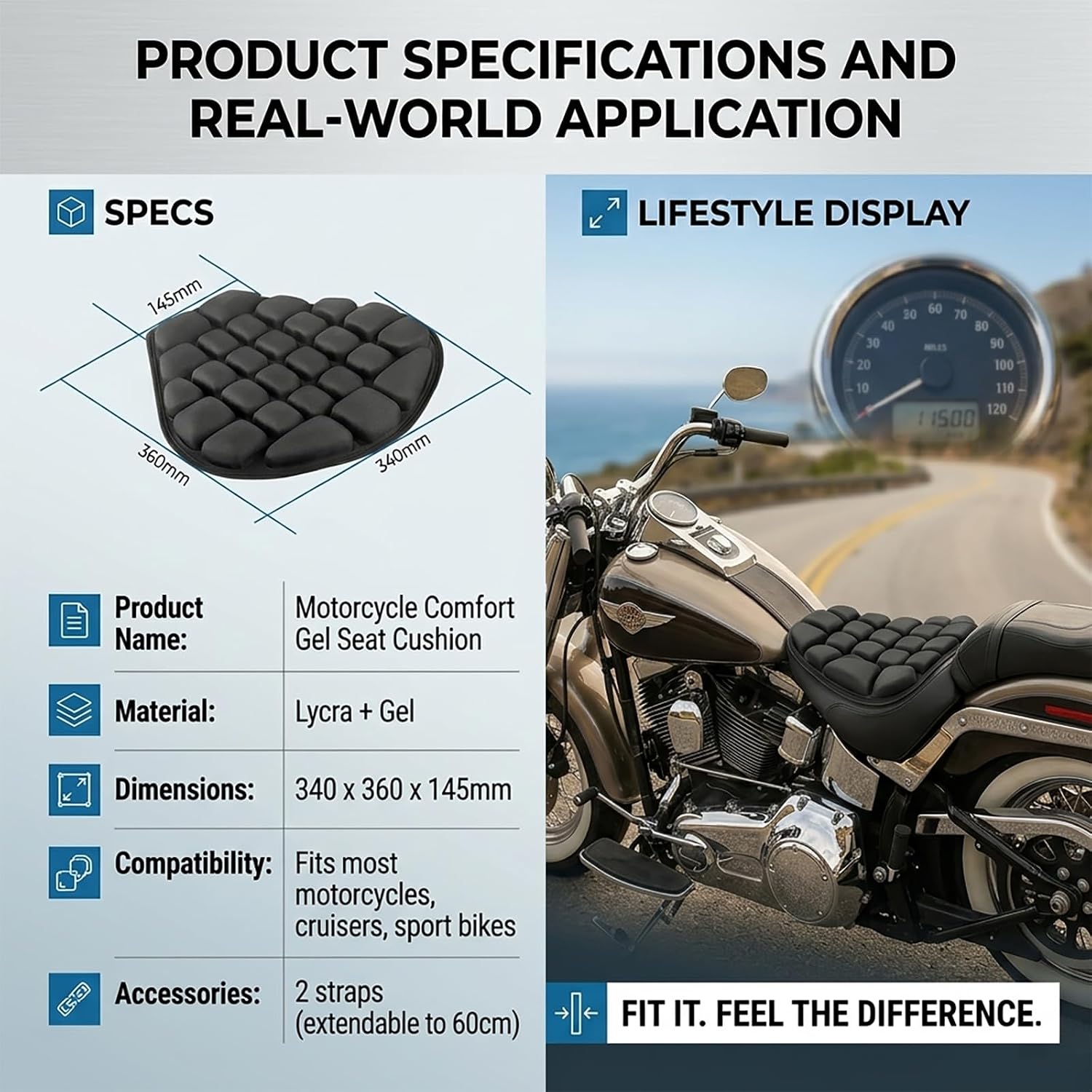 Motorcycle Seat Cushion for Kawasaki Vulcan 900 2006-2026, Breathable Shock Absorbing Non Slip Motorcycle Seat Pad with Ergonomic Groove Design, Comfort Seat Cover for Touring & Commuter Riders