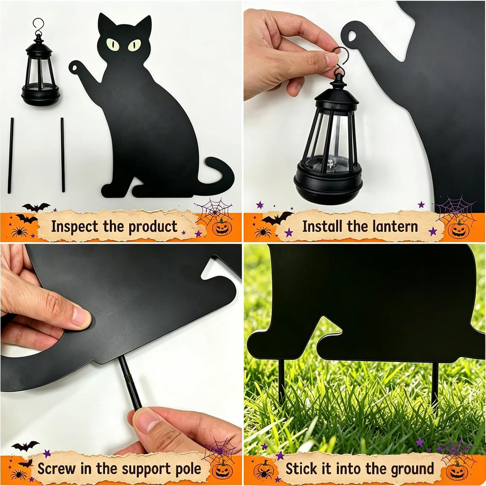 2 Pack Halloween Black Cat Solar Yard Stake, 7-Color LED Lantern