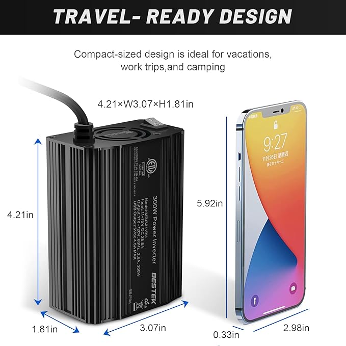 BESTEK 300W Power Inverter DC 12V to 110V AC, Durable Aluminum Housing Car - Image 2