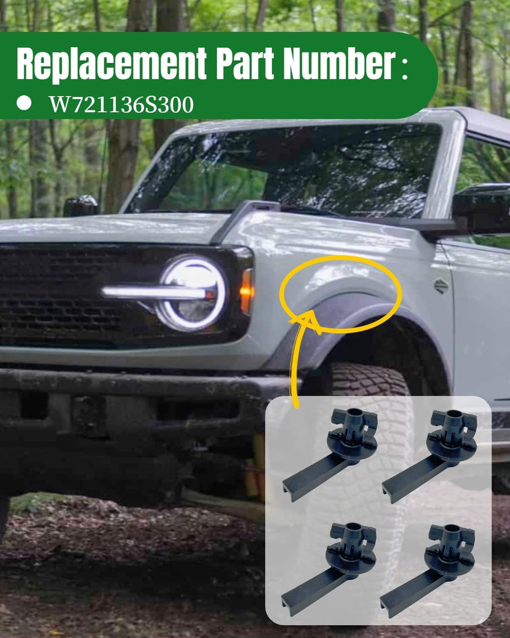 W721136S300 Fender Flare Clips Handle Locking Pins Front Rear Wheel Protector Clips Kit L-Shape Plastic Fit for Ford Bronco 2021 2022 2023 2024 2025 2/4 Door 4PCS