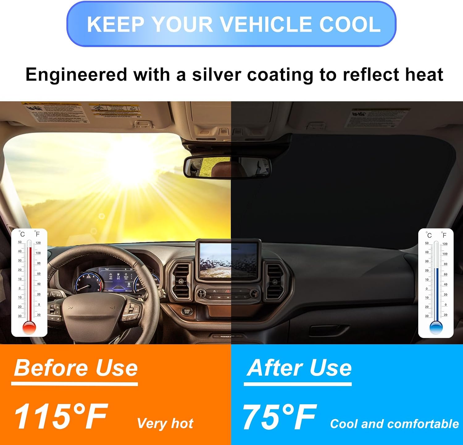 Windshield Sun Shade for 2021-2026 Ford Bronco Sport| Fully Covered Foldable Front Window Sun Visor| 310T Polyester| UV Heat Insulation Protection| Outdoor Camping (Not for Bronco Model)
