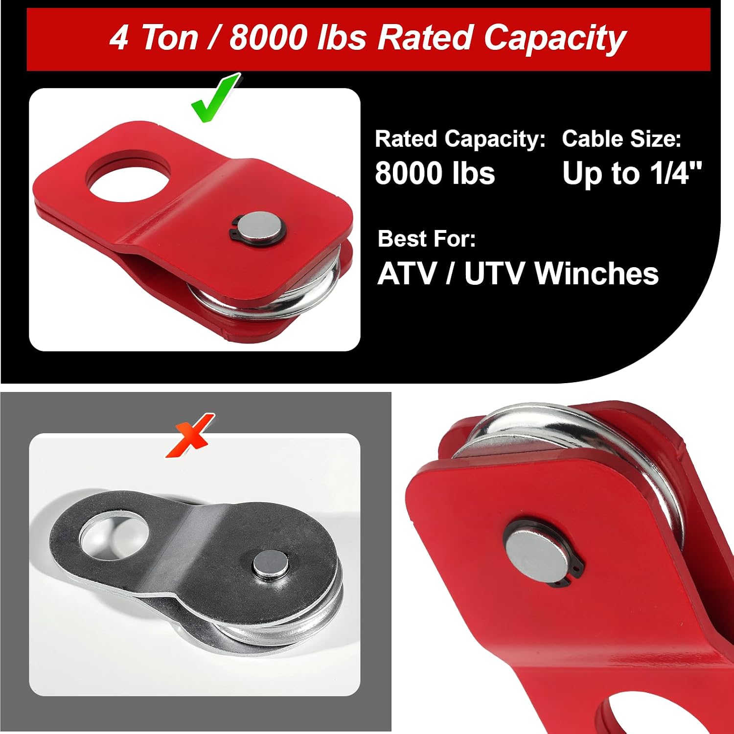 Winch Snatch Block 8000 lbs, Heavy Duty Recovery Pulley for ATV UTV Off-Road, Fits 1/4"–5/16" Winch Cable, Load-Doubling & Direction Change (Red)