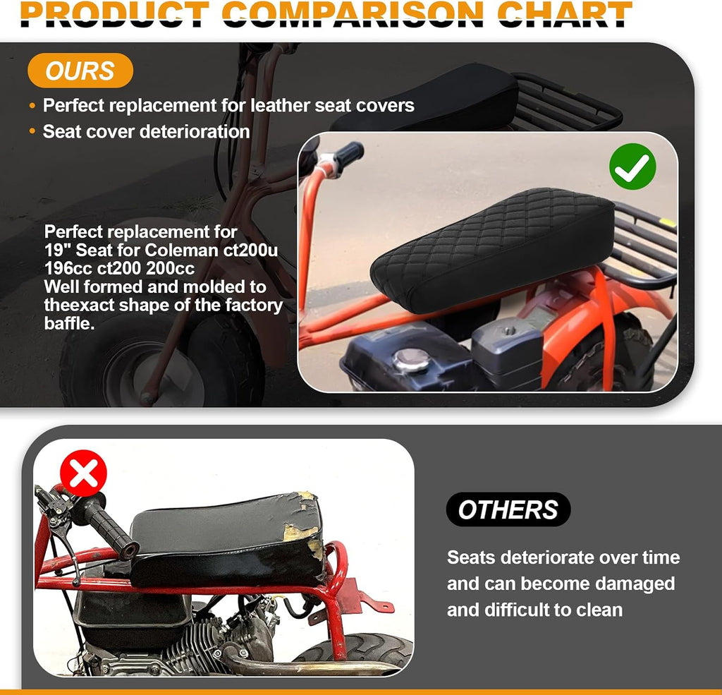 Diamond Stitch Seat Cover Replace for 19″ Coleman CT200u 196cc CT200 200cc Mini Bike, Heavy Duty Microfiber Leather, Black