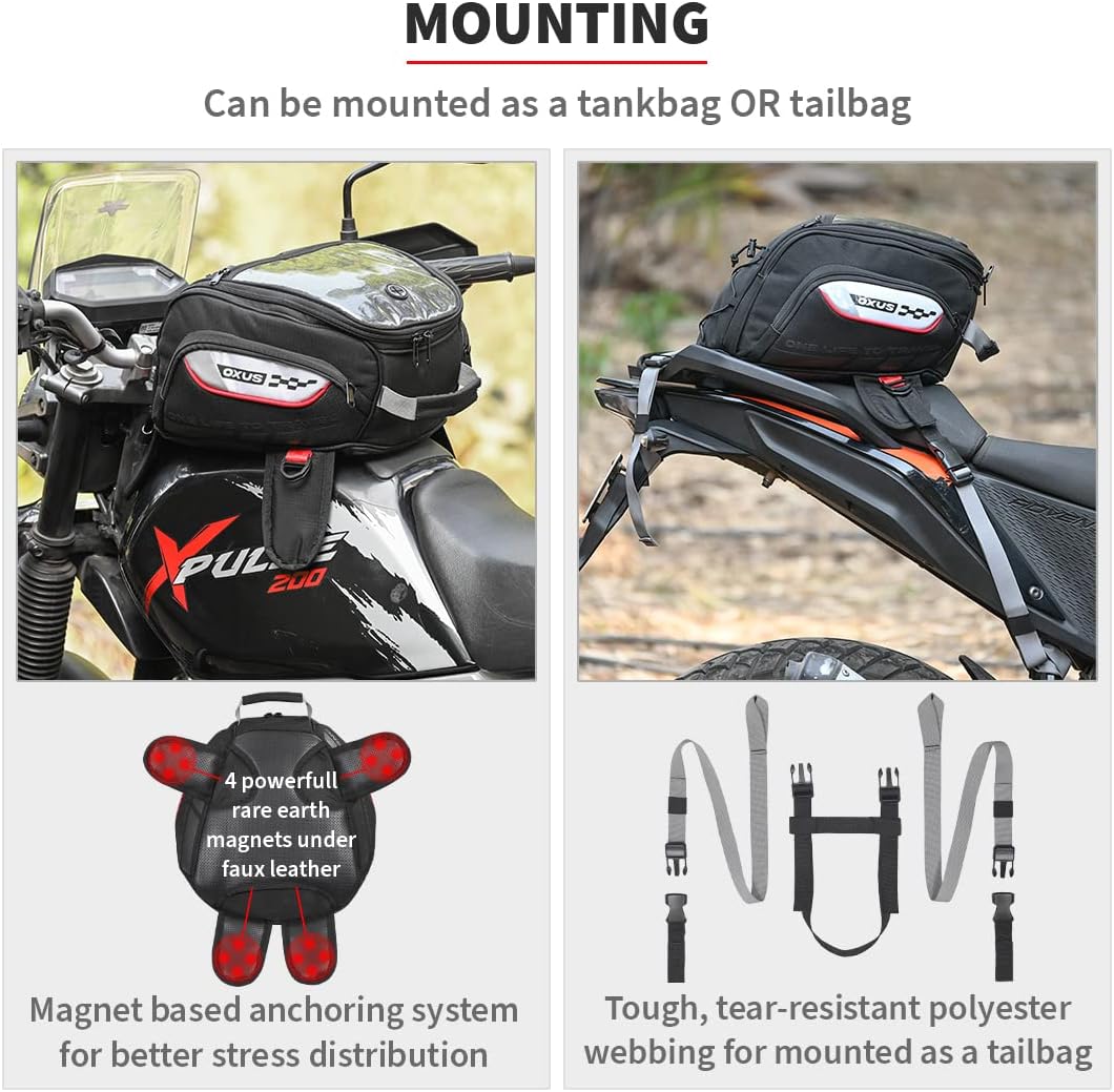 ViaTerra Oxus 13L Magnetic Motorcycle Tank Bag – Converts to Backpack Scratch-Free Leather Base Rain Cover Included EBC Net Universal Fit for Touring & Adventure Riders