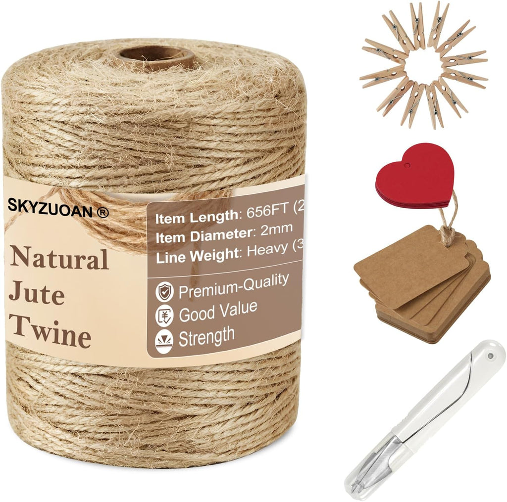 656 Feet Natural Jute Twine Kit 5-Pack, 2mm 3-Ply Premium Natural Fiber Sisal Hemp Jute Twine, Thin Rustic Craft String for Gift Wrapping, Gardening, DIY and Home Decor. Included Cutter, Clips & Tags