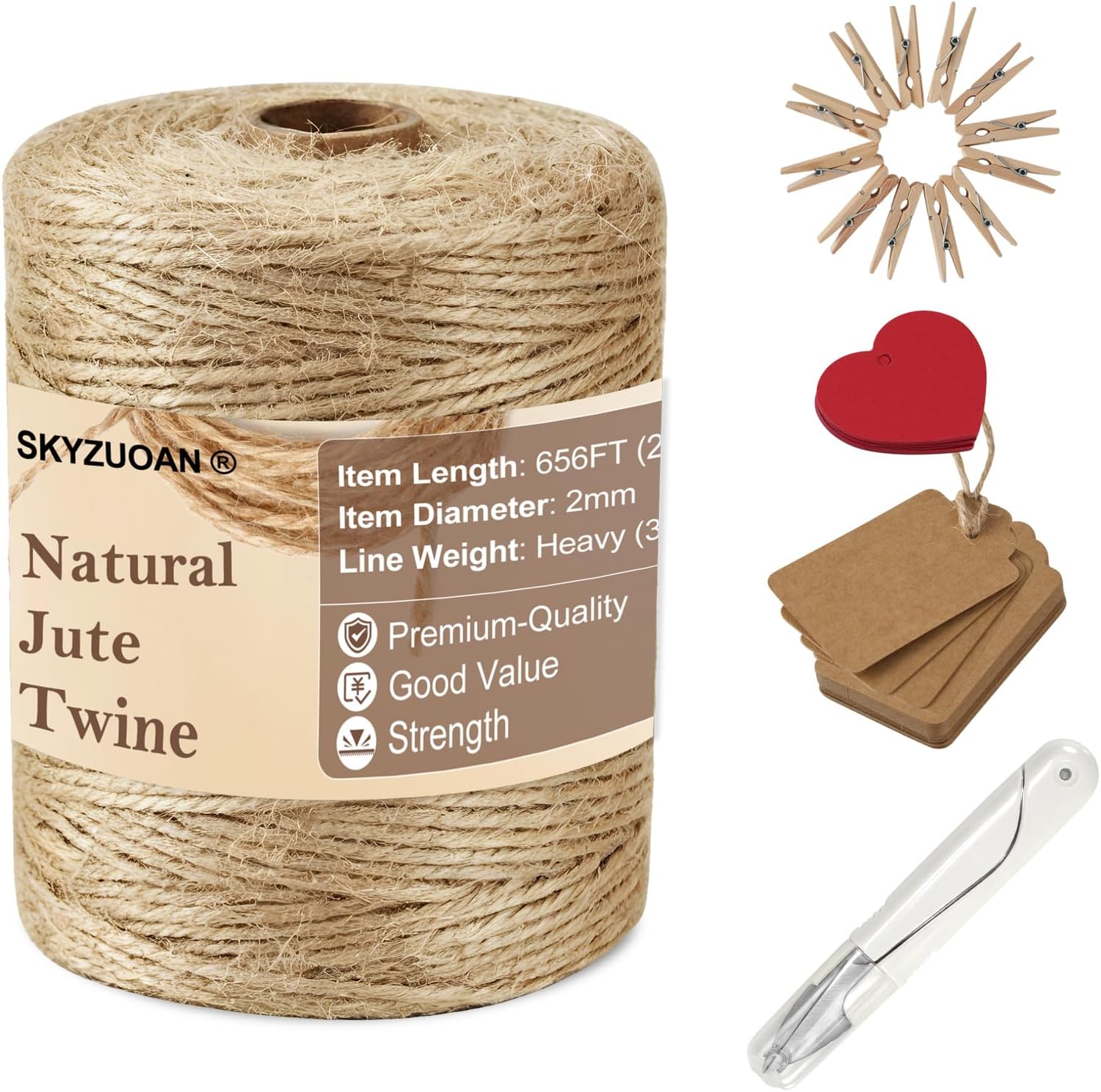 656 Feet Natural Jute Twine Kit 5-Pack, 2mm 3-Ply Premium Natural Fiber Sisal Hemp Jute Twine, Thin Rustic Craft String for Gift Wrapping, Gardening, DIY and Home Decor. Included Cutter, Clips & Tags