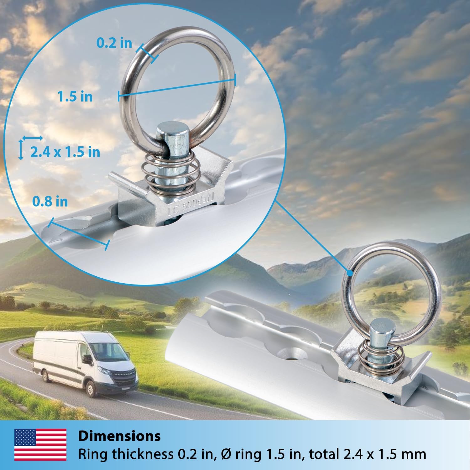 valonic Gecko - Single Stud Fitting for L Track, 8 Pieces, 1000 daN, Stainless Steel roundring, for Rail System, Lashing Accessories for tie tie Downs for Truck Bed