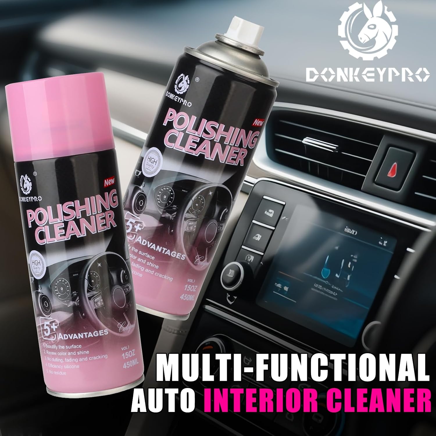 DONKEYPRO Car Interior Cleaner, Polishing Cleaner Detailer Spray for Vehicle Detailing, 450ml Aerosol 15 fl oz with Iron Can (1-Pack)
