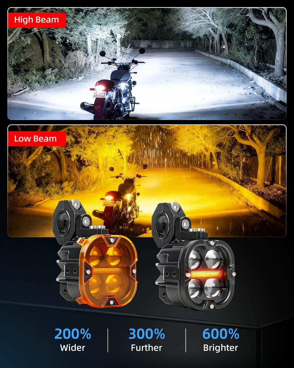BraveWAY 3 Inch Motorcycle Driving Lights 120W LED Fog Lights with DRL 4 Strobe Modes Amber & White Beams LED Auxiliary Spotlights with Mount Brackets Wire Harness for Motorcycle ATV Night Riding UTV
