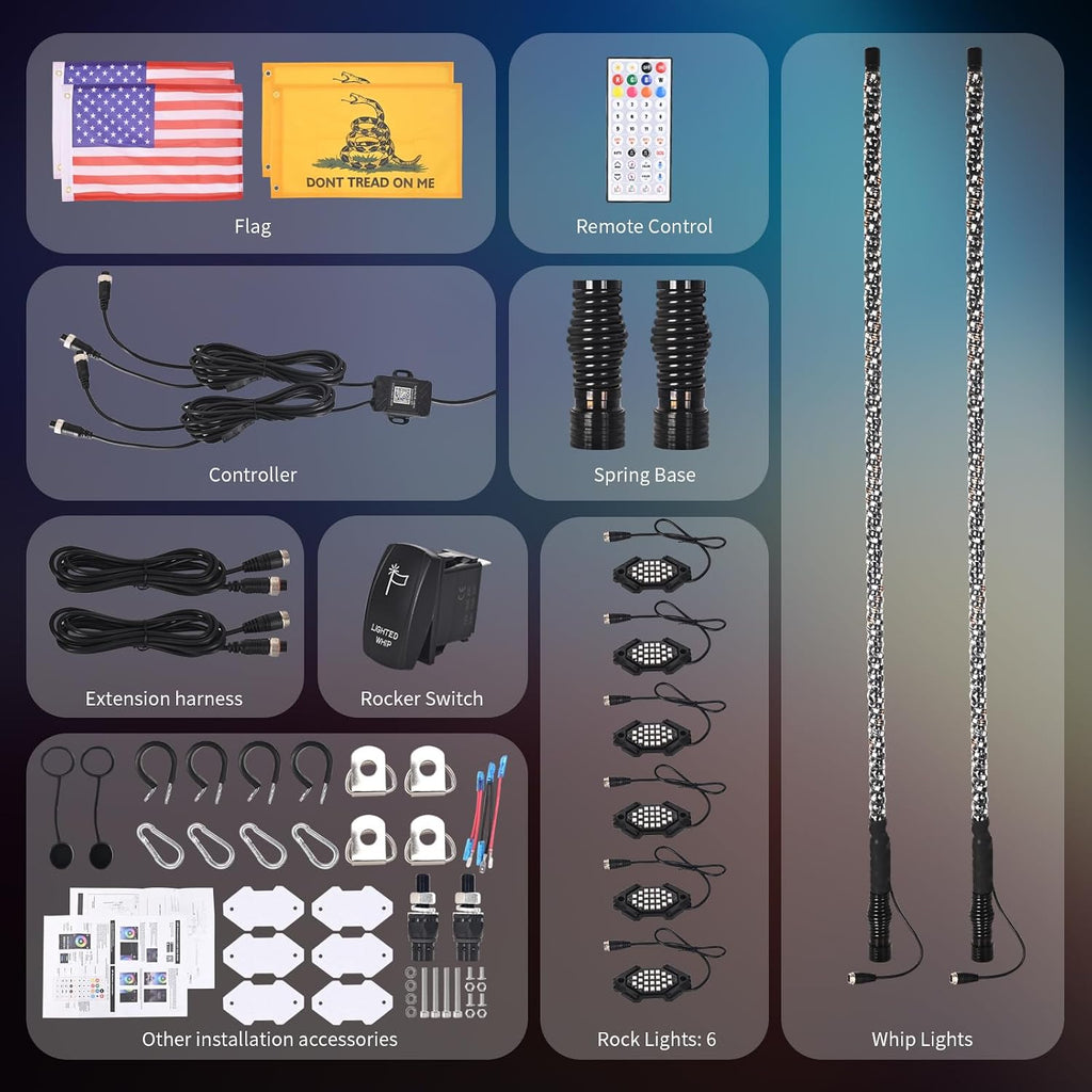 2PCS 4FT LED Whip Light and 6 Pods Rock Light Kit with Spring Base, Spiral RGB Chase and Music Lights Whips with Rocker Switch, App & Remote Control, for UTV ATV RZR SXS Can-Am Polaris