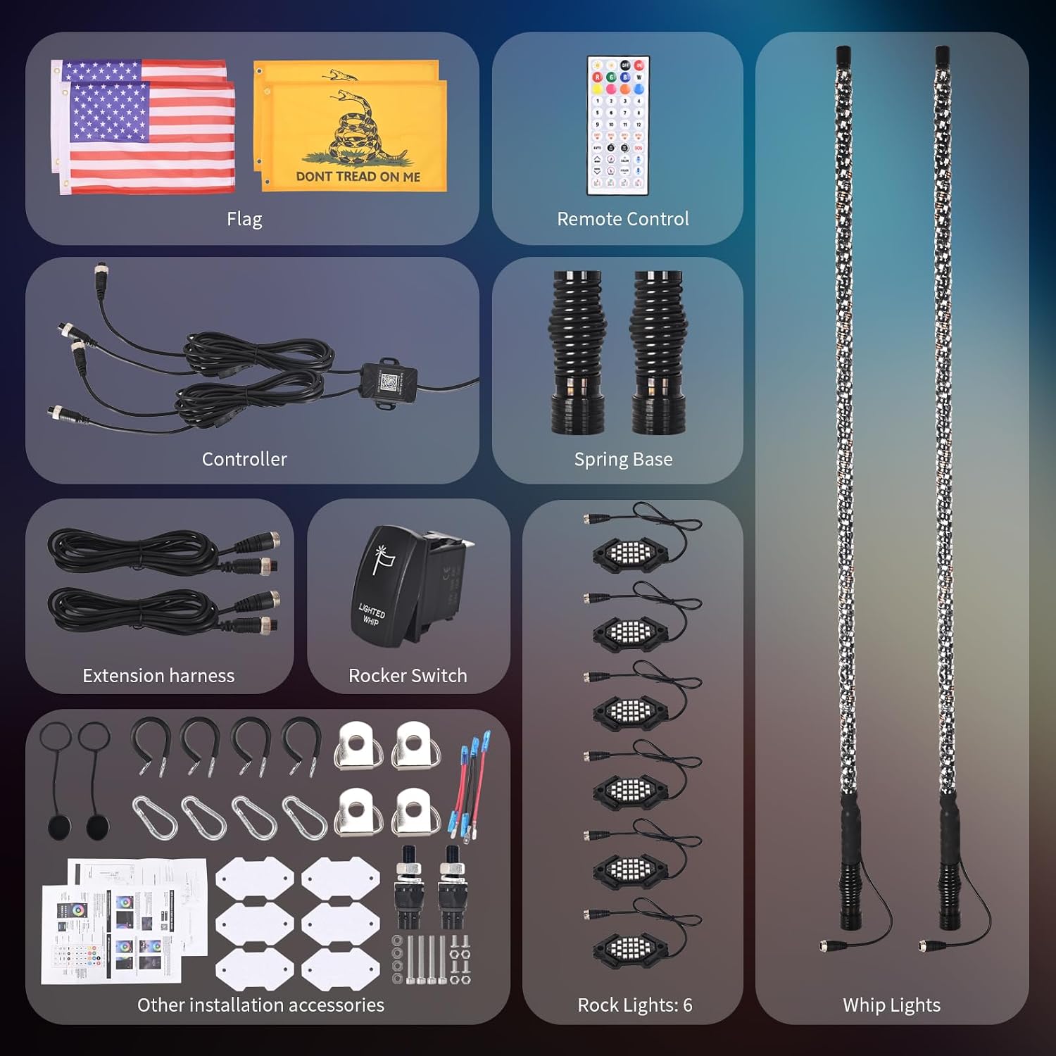 2PCS 4FT LED Whip Light and 6 Pods Rock Light Kit with Spring Base, Spiral RGB Chase and Music Lights Whips with Rocker Switch, App & Remote Control, for UTV ATV RZR SXS Can-Am Polaris