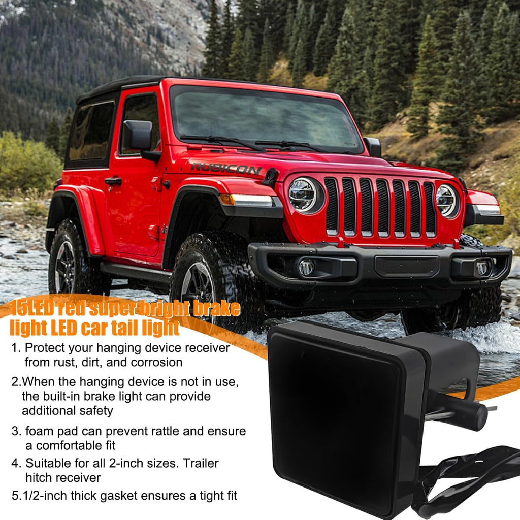 HZEL Trailer Hitch Receiver Cover with 15 LED Brake Lights, Super Bright Vehicle Lamp Tail Light Fit 2" Receiver, Auto Exterior Lighting Accessories, Universal for Towing Truck RV SUV (Red/Black)