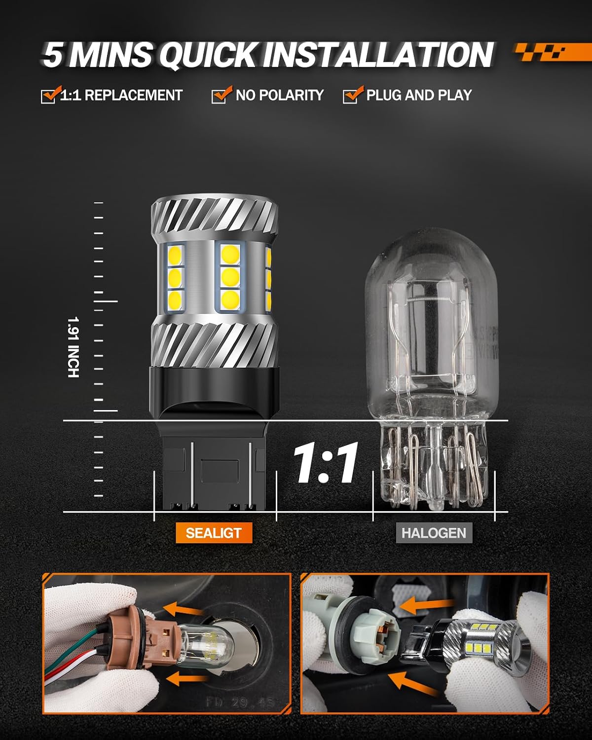 SEALIGHT 7443 7440 LED Bulb White Reverse Light, 7441 7444 T20 W21W LED Light Bulb with Projector for Backup Light,Tail Light,Brake Parking，Running Board Lights, Pack of 2