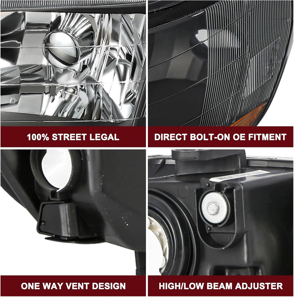JSBOYAT Headlight Assembly Replacement for 1998-2002 Honda Accord Black Housing with Amber Reflector (Driver and Passenger Side)