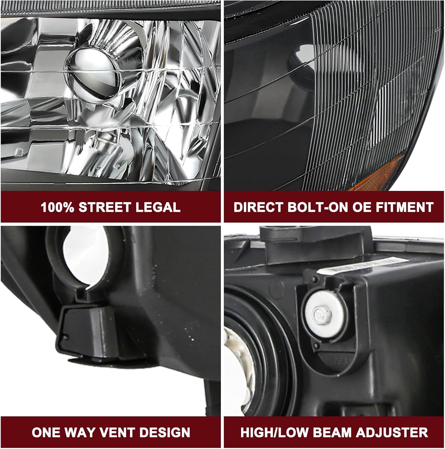 JSBOYAT Headlight Assembly Replacement for 1998-2002 Honda Accord Black Housing with Amber Reflector (Driver and Passenger Side)