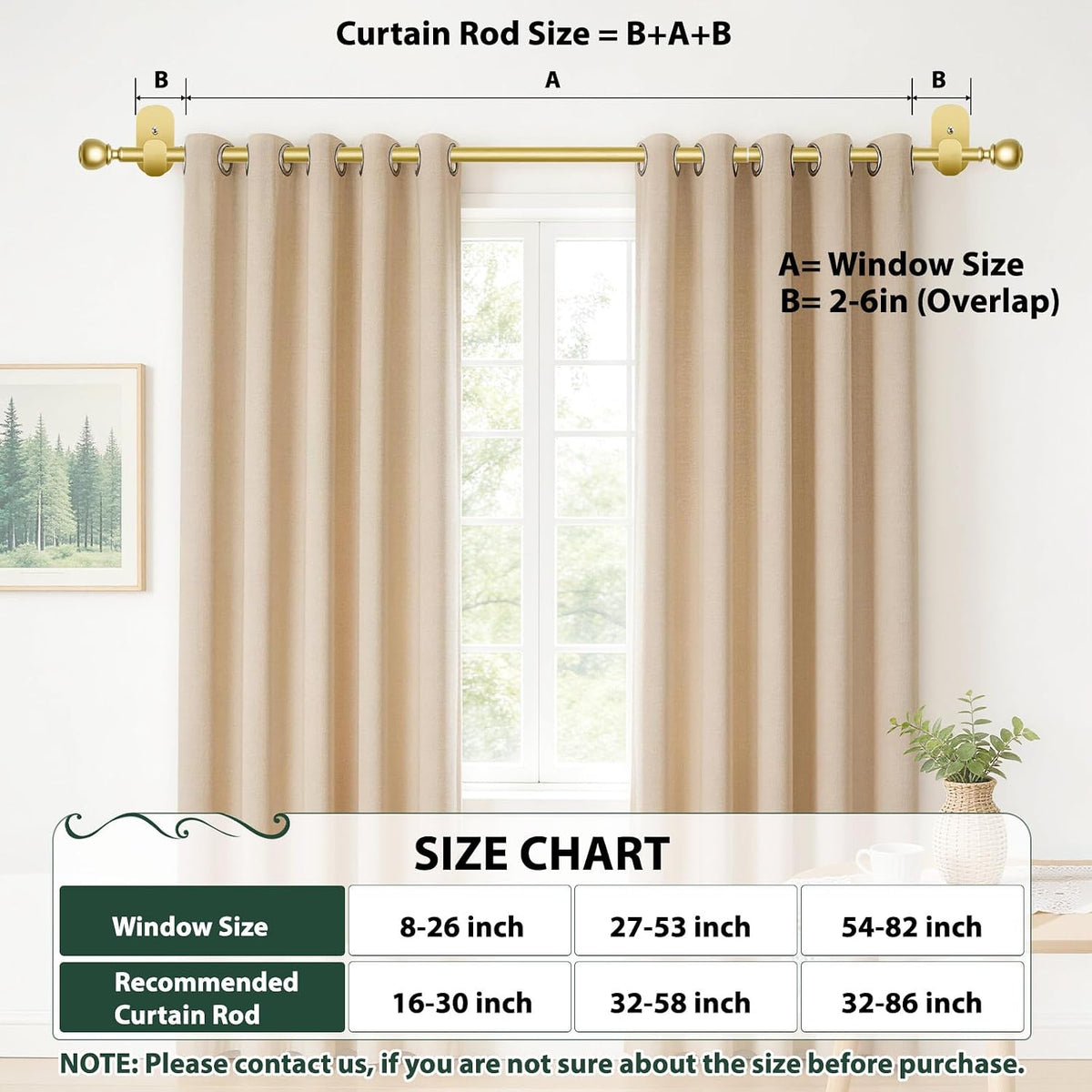 usfook gold no drill curtain rods for windows, front angle view