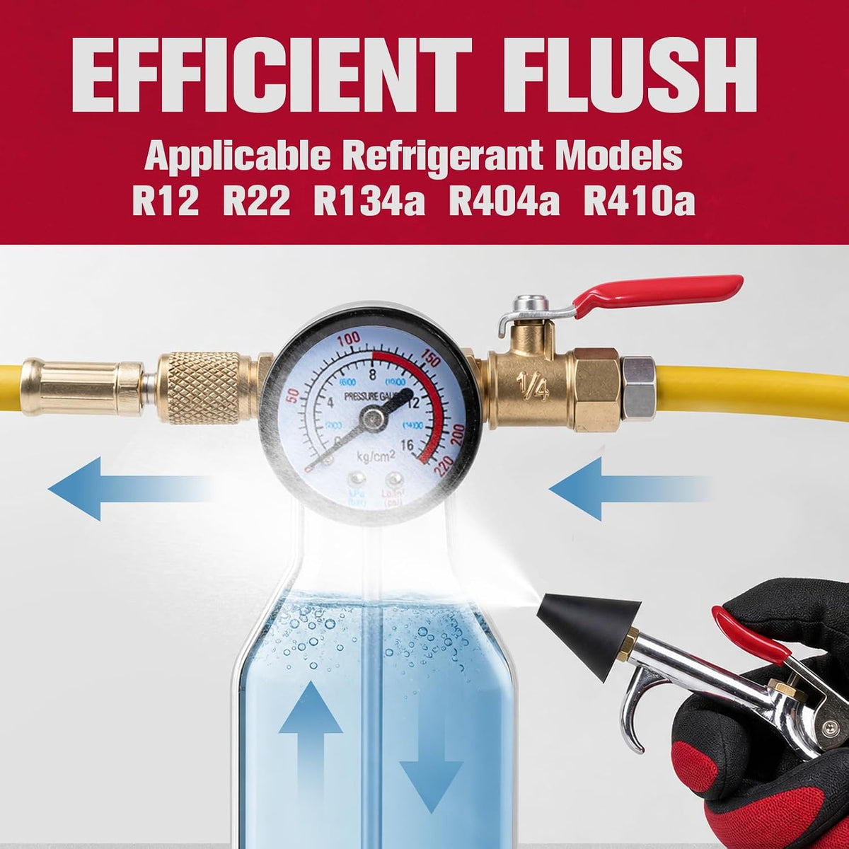ac flush kit, hvac refrigeration system cleaning tool shown in use
