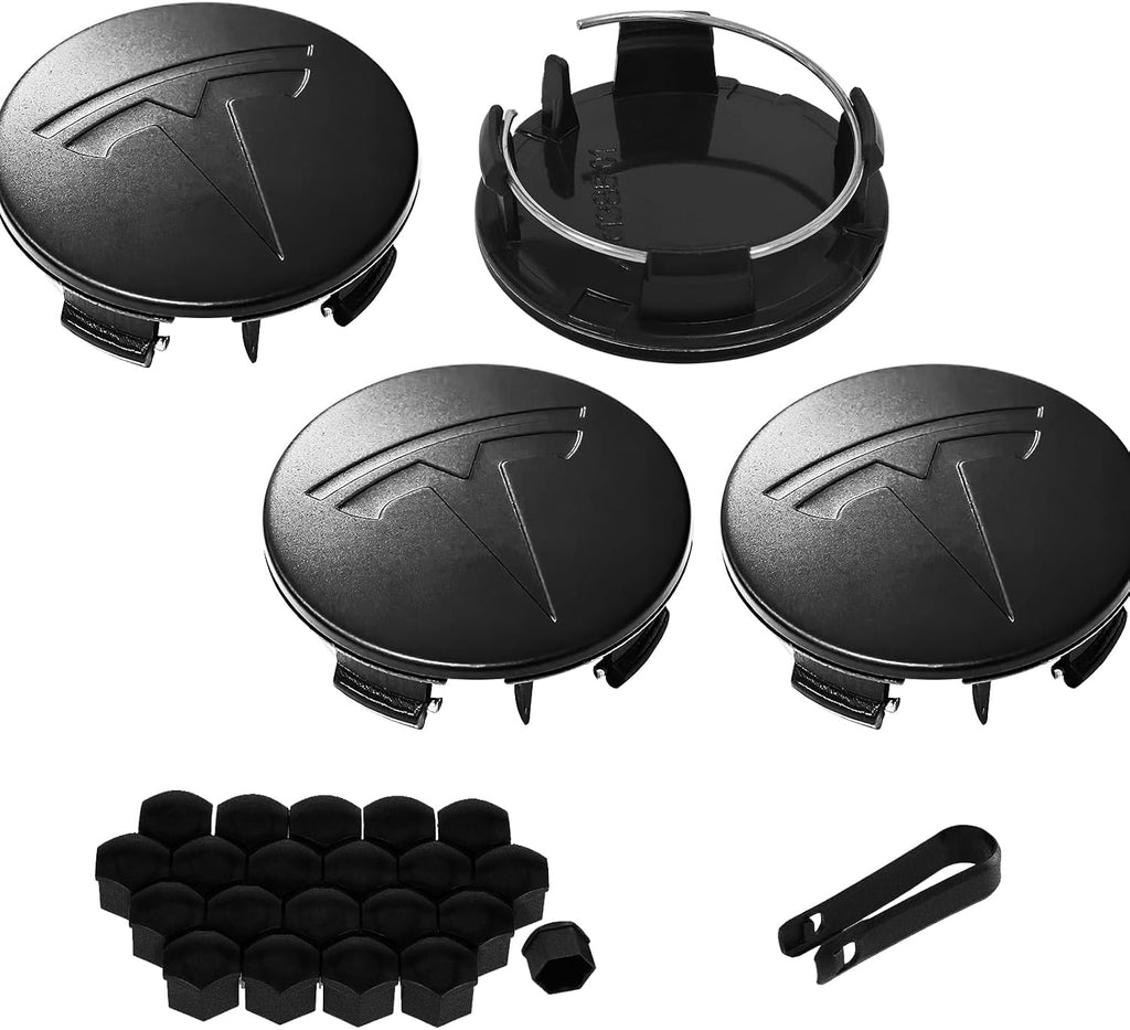 4 Pack Exterior Decoration Wheel Center Cover for Tesla Model 3 Model Y,56mm Hubcaps Wheel Rim Cover Tesla Center Caps Hubcaps+20 Black Lug Nut Covers (Matte Black+Matte Black Emblem)
