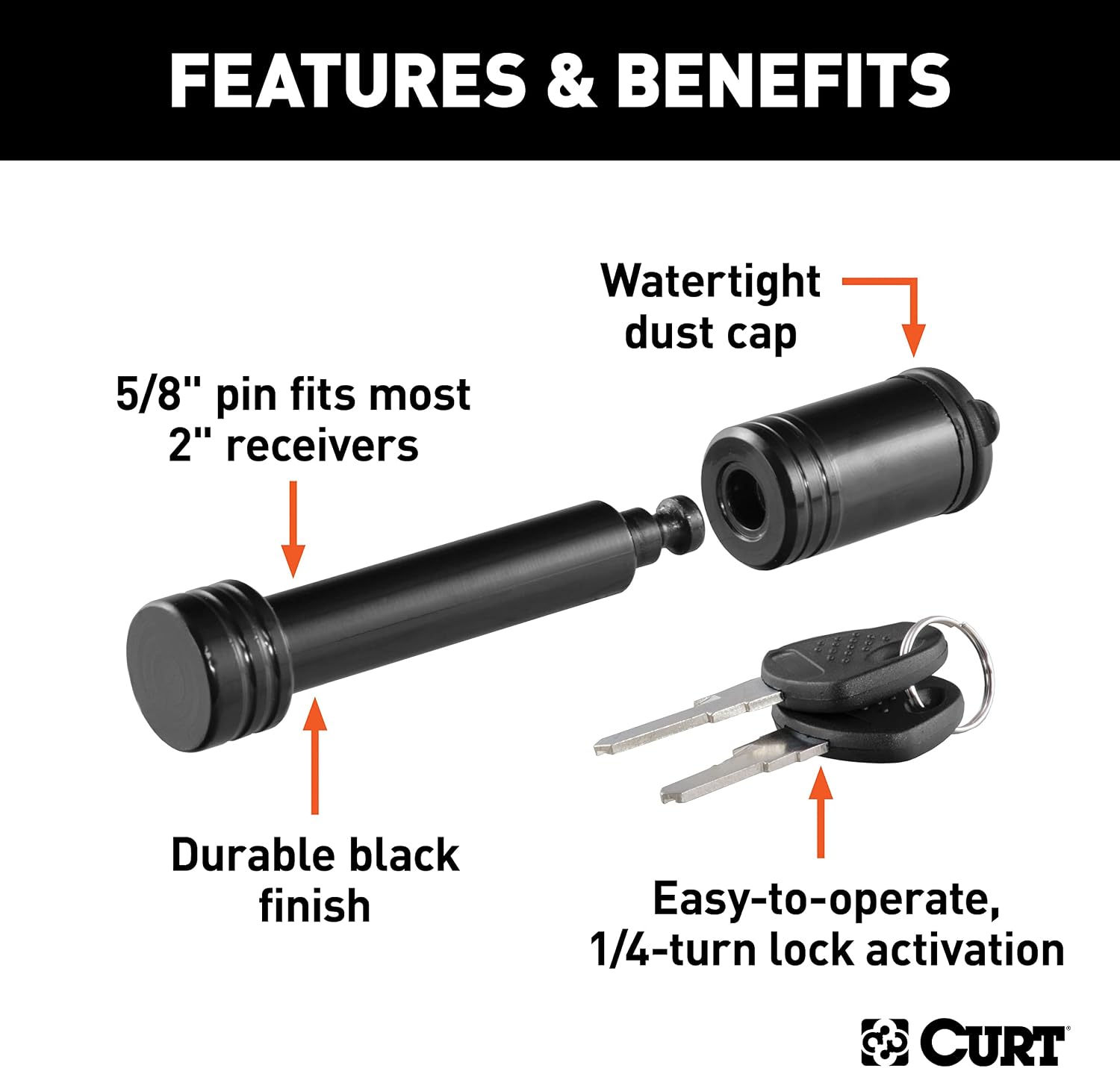 CURT 23518 Black Trailer Hitch Lock, 5/8-Inch Pin Diameter, Fits 2-Inch Receiver