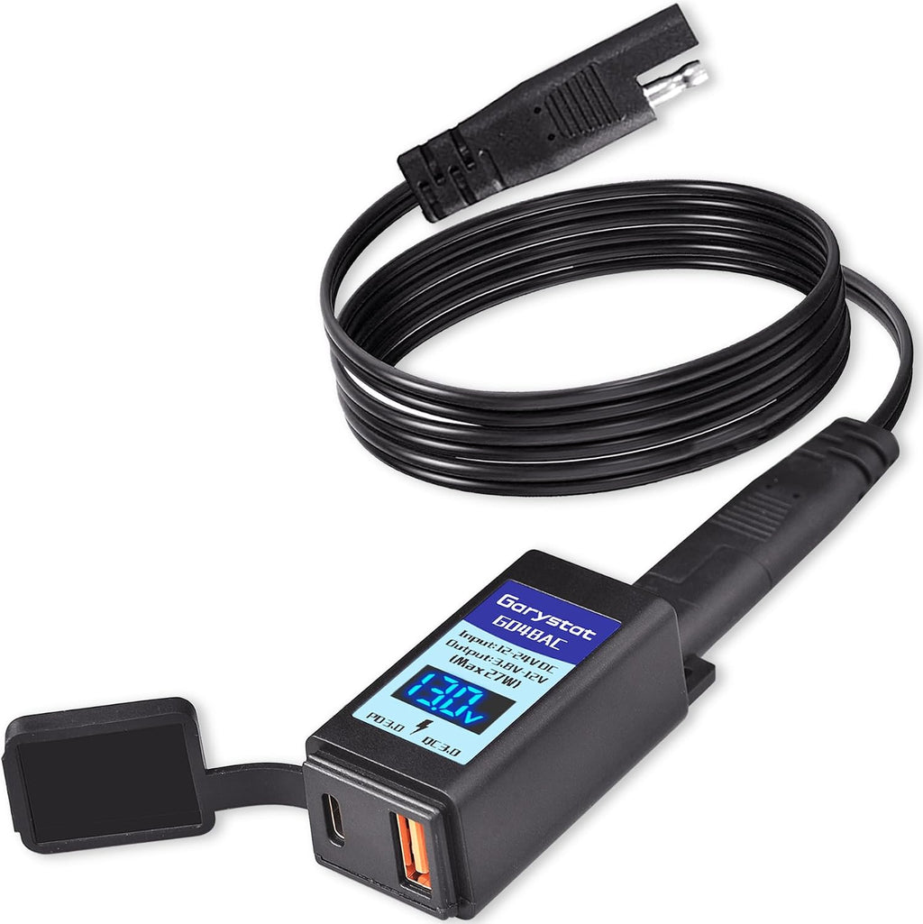 Garystat Motorcycle USB-C Charger, SAE to USB Adapter, 27W Dual Port USB Fast Charger with Voltmeter/Ammeter & ON/Off Switch, Perfect for Charging Phone, Tablet, GPS etc