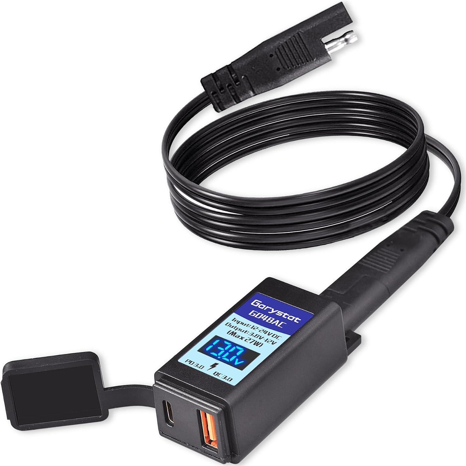 Garystat Motorcycle USB-C Charger, SAE to USB Adapter, 27W Dual Port USB Fast Charger with Voltmeter/Ammeter & ON/Off Switch, Perfect for Charging Phone, Tablet, GPS etc