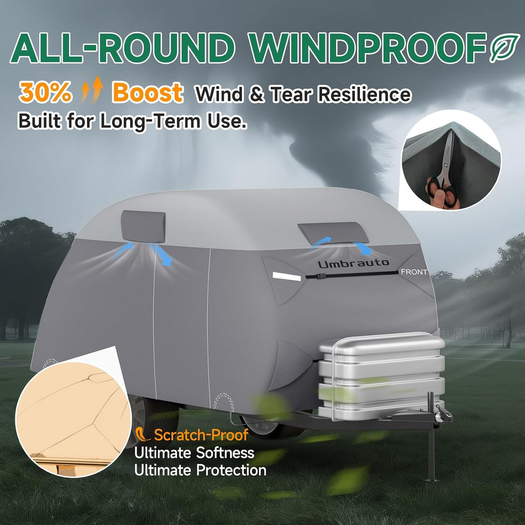 Teardrop Trailer Cover Fits 12'-15' RV, Camper Cover for R-Pod Trailers | Waterproof Travel Trailer Cover, 7 Layers Top, Leightweight, Camper Cover with Windproof Strap for Clamshell Trailers