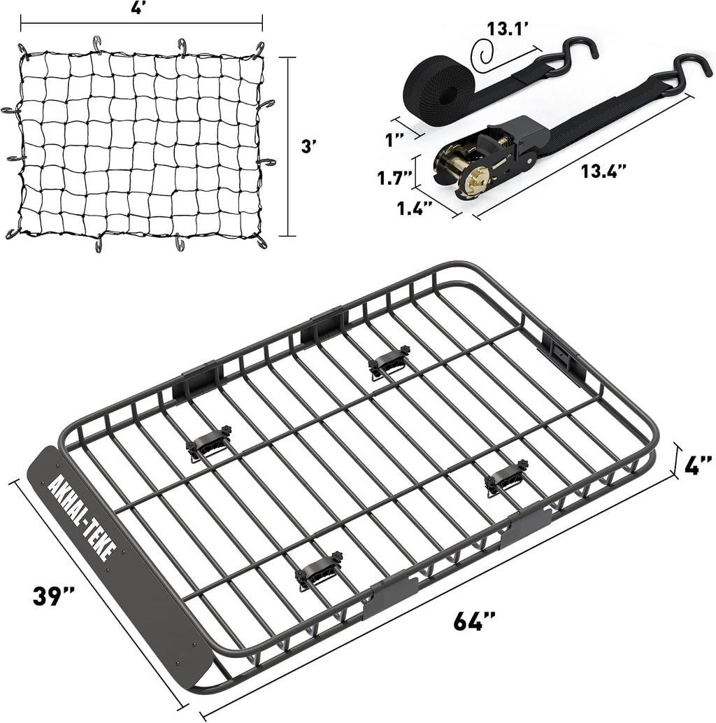 Roof Rack Basket, Upgraded 64"x 39"x 4" Roof Rack Cargo Carrier with 3' X 4' Super Duty Bungee Cargo Net, 2 pcs Ratchet Strap Fits for SUV Truck Cars