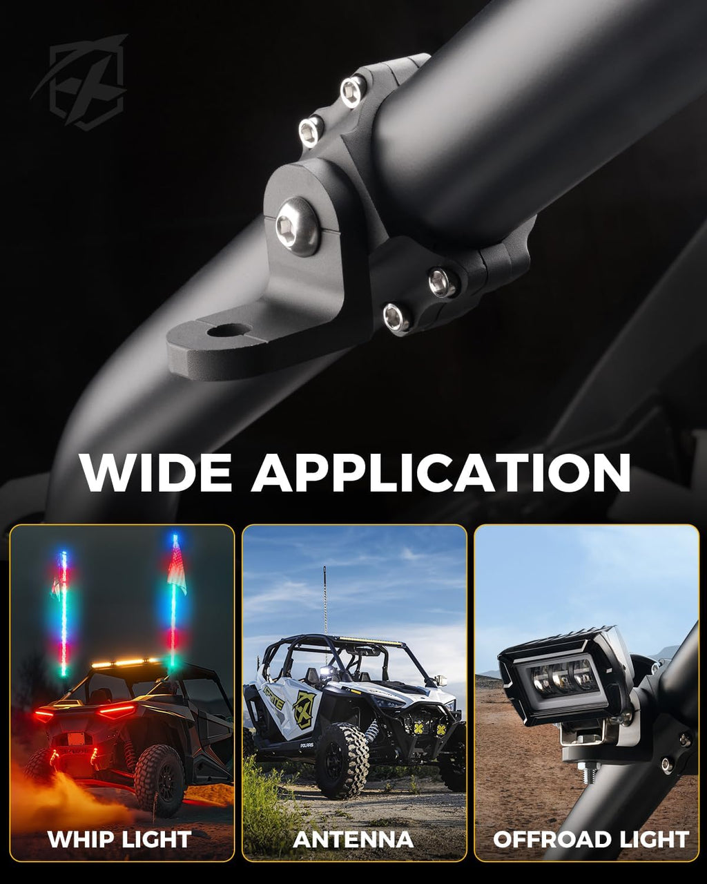 Xprite Whip Light Mount, UTV Whip & Flag Mounting Bracket, CNC Aluminium Heavy Duty 360° Adjustable for 1.75''- 2'' Roll Bar Cage Compatible with ATV SXS Polaris RZR Can-Am Maverick x3, 2PCS