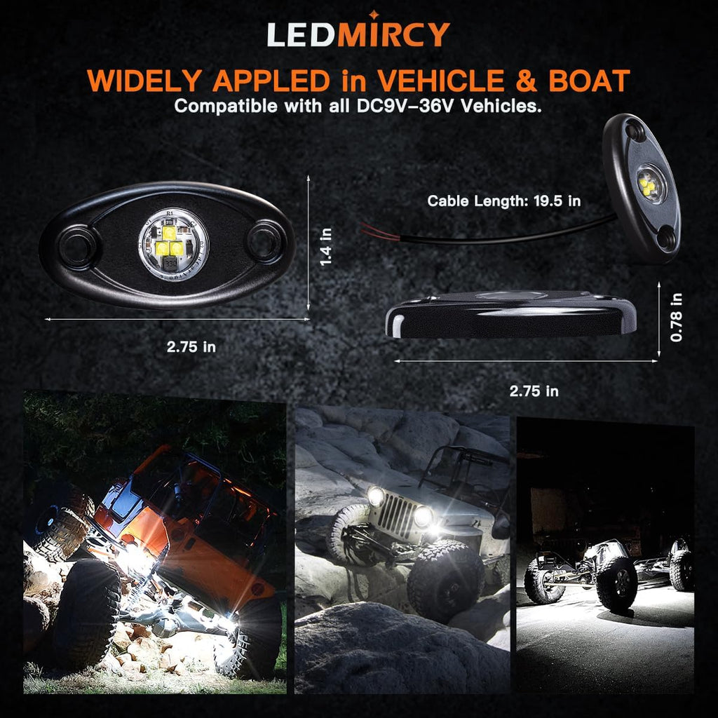 LEDMIRCY LED Rock Lights White 8PCS for Off Road Trucks RZR Boat ATV UTV SUV High Power Underbody Neon Lights Underglow Trail TRAI Rig Light Waterproof Shockproof(8PCS-White)